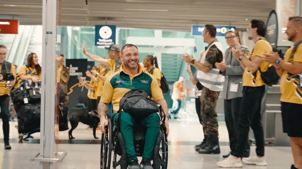 Lenny Redrose arrives at Dusseldorf Airport by volunteers